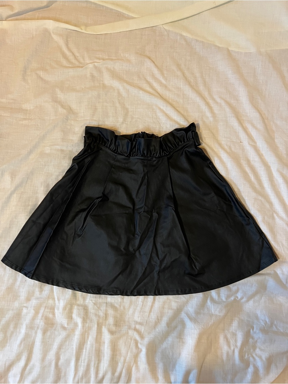 Black Faux Leather Ruffled Waist A-Line Skirt